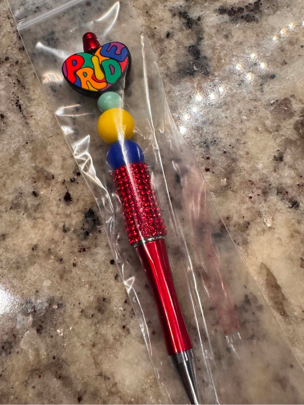 PRIDE Hand Crafted Red Metallic Beaded Pen with Multicolor Heart Topper